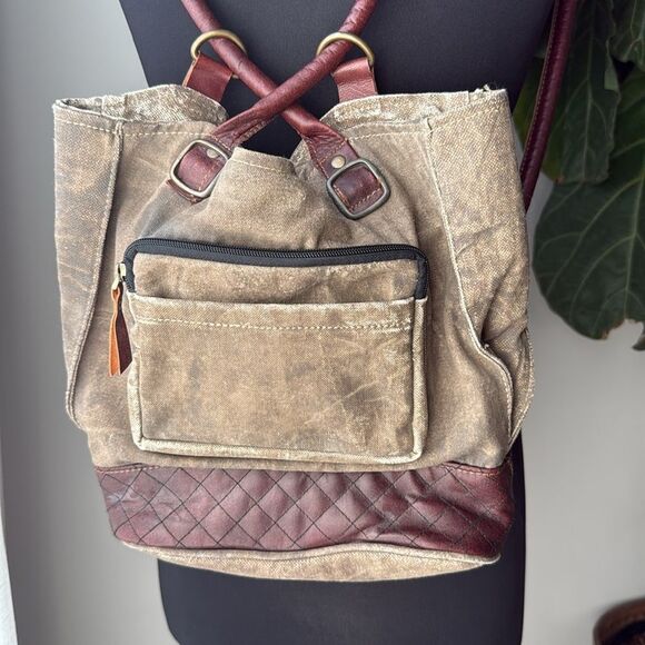 Mona B. Two In One Canvas Tote Shoulder Backpack Bag with Vegan Leather Trim - Picture 3 of 9